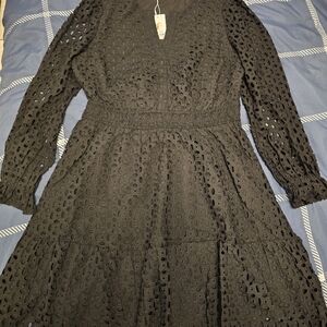 Chic Black Eyelet Long Sleeve Dress